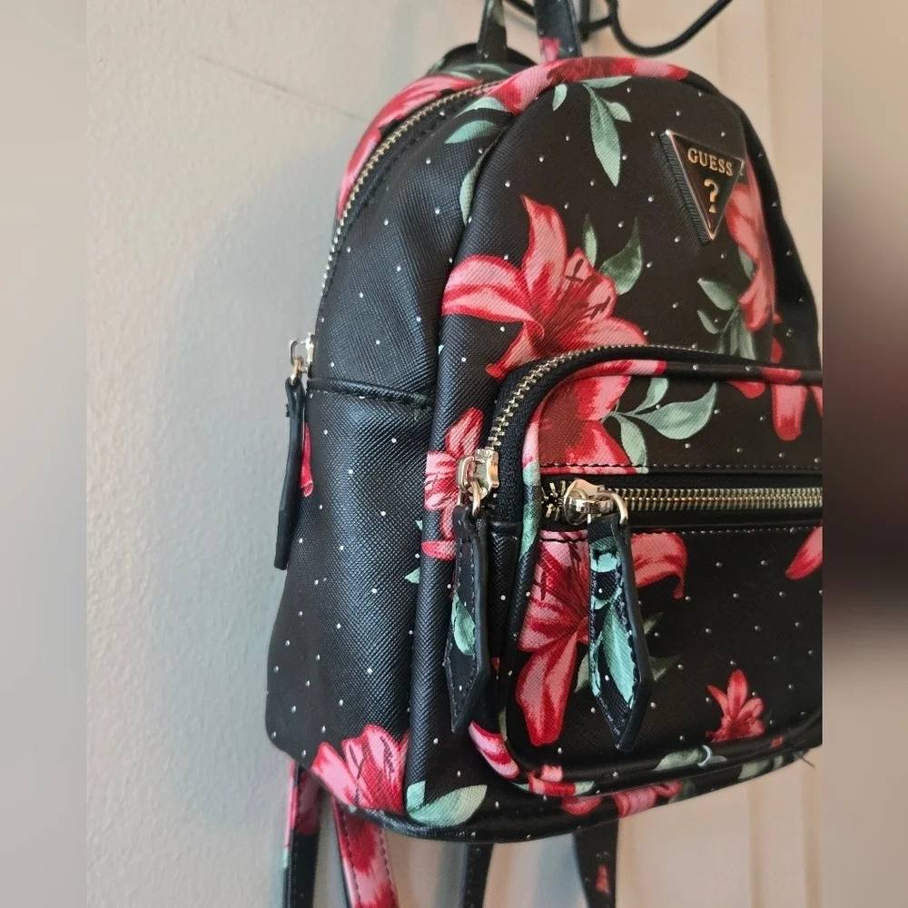 GUESS Black and Red Floral Backpack NWOT